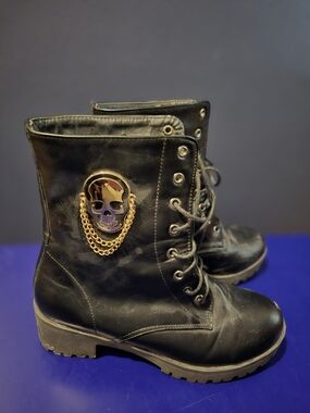 Black Leather Combat Boots with Gold Skull Accent